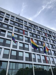 Vor dem Neubrandenburger Rathaus wehen drei Regenbogenflaggen.